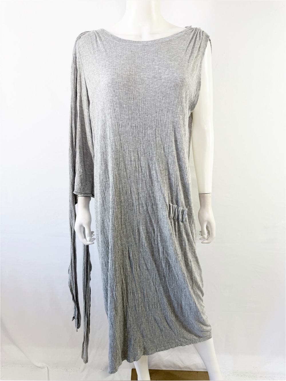 KINLY Gray Heather Draped Maxi Dress Size L Casual Lagenlook One Sleeve Tunic